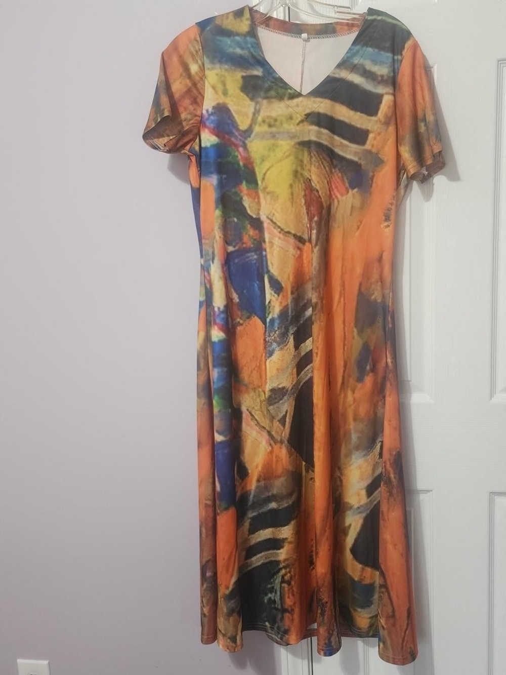 V-Neck Orange Abstract Midi Dress with Short Sleeves